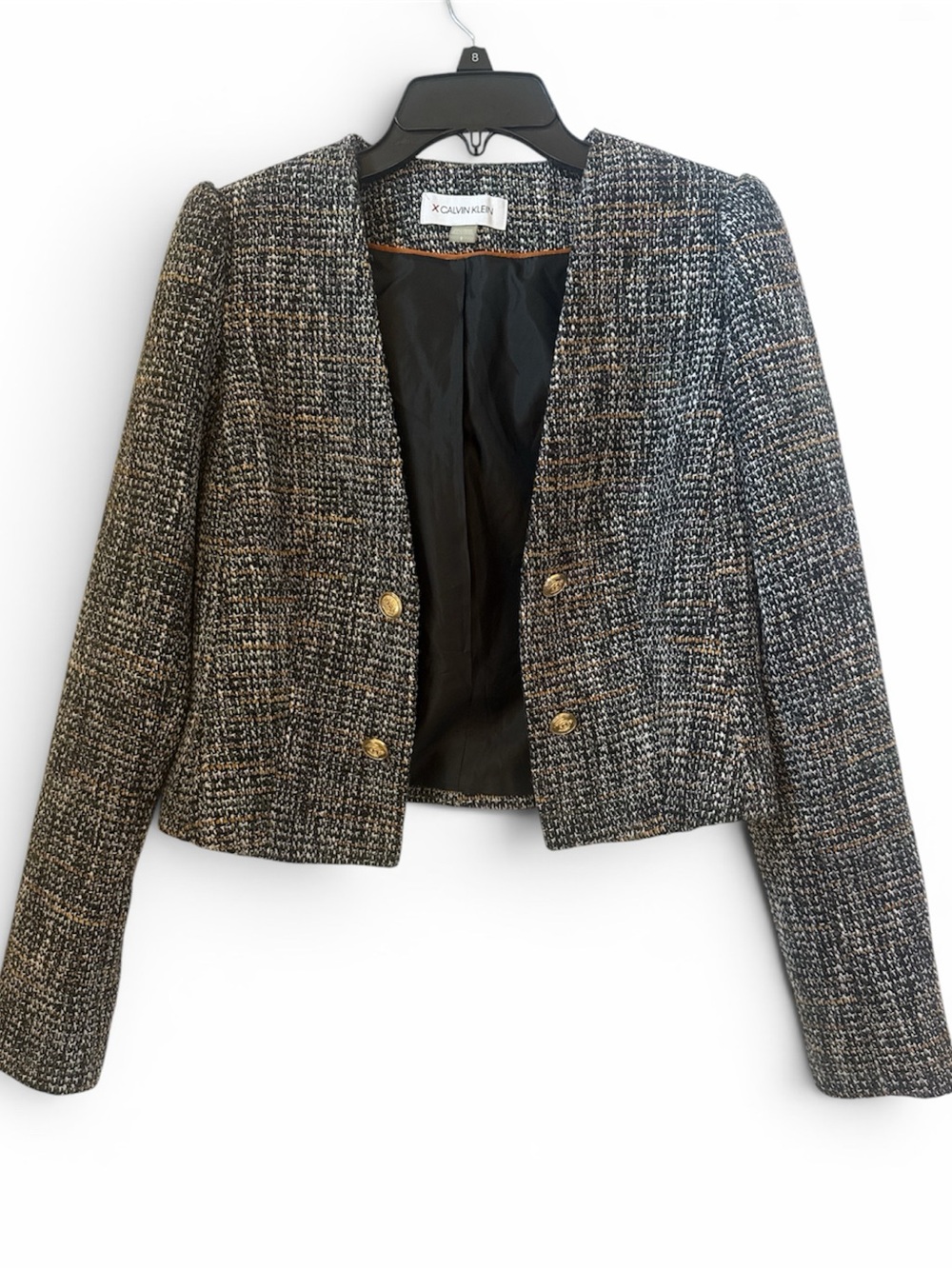 Calvin Klein Black and Gray Tweed Cropped Blazer